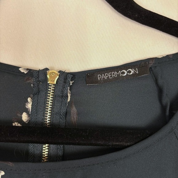 Papermoon Floral Blouse Large Dark Teal Scoop Neck 3/4 Sleeve Tie Cuff Top - Picture 9 of 14